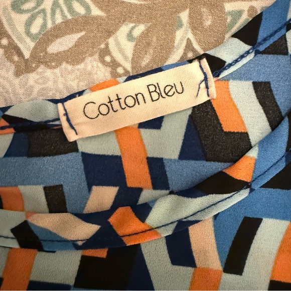 Cotton Bleu Geometric Print Blouse Size XL Blue Orange - Picture 3 of 4